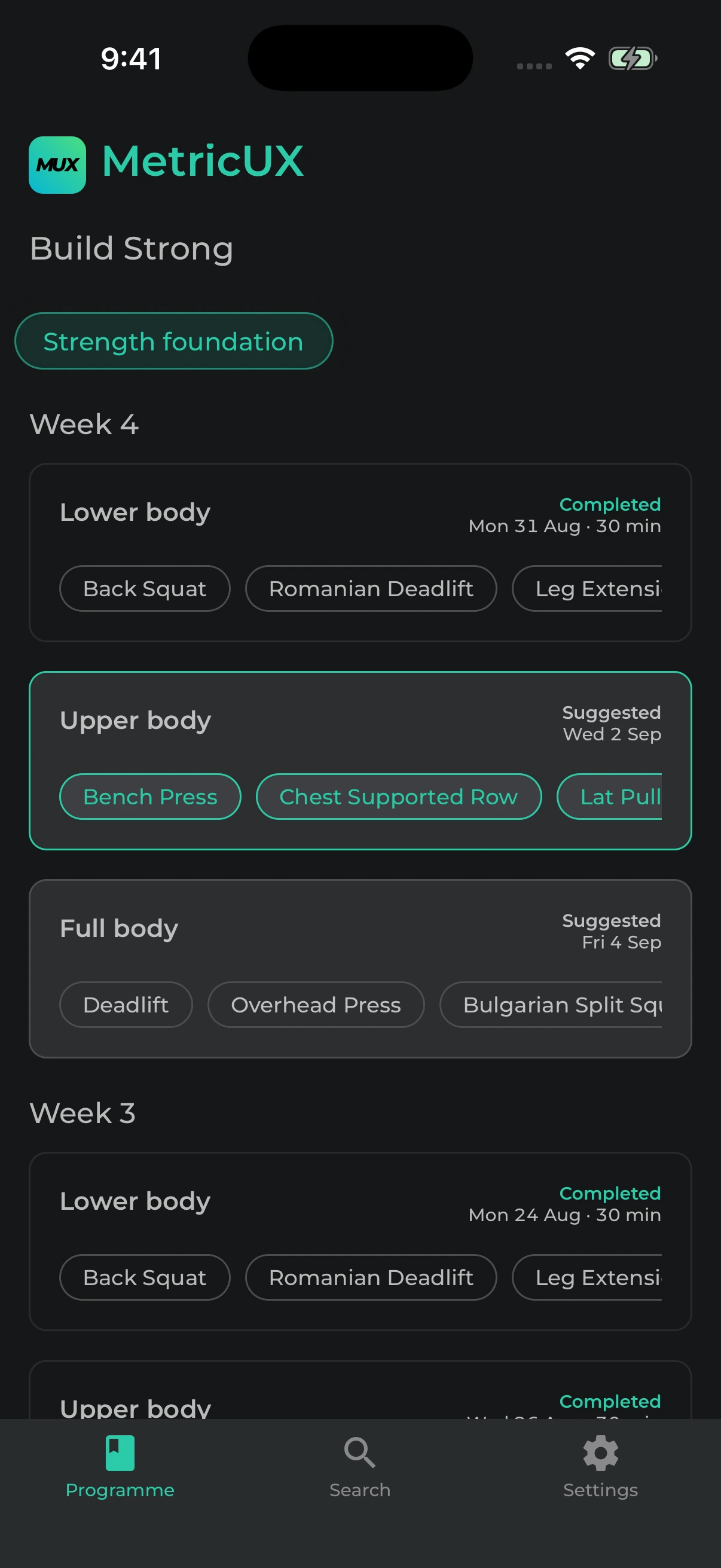 MetricUX iOS app showing Sophie's training programme with completed and upcoming sessions
