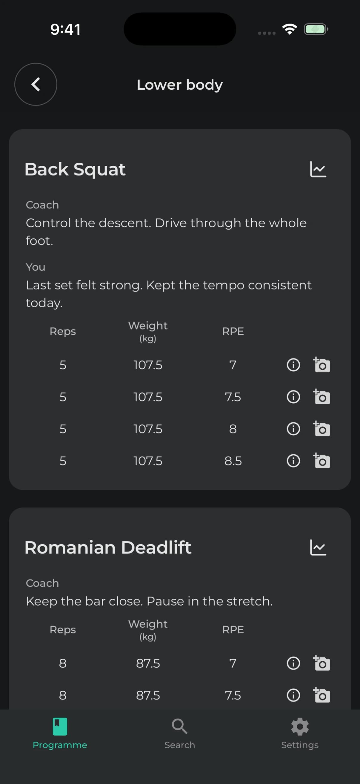 MetricUX iOS app showing a completed back squat session with coach notes, client feedback, weight, reps, and RPE